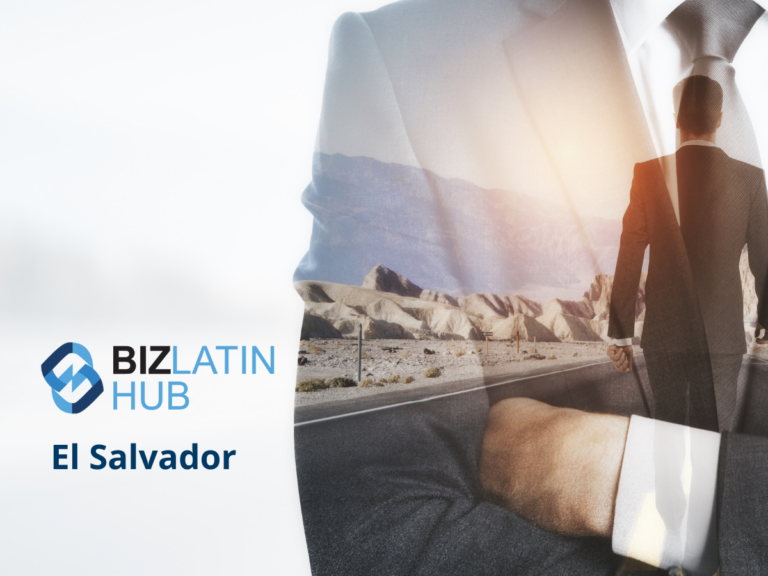 A man in a suit with an overlay of a desert road scene. The Biz Latin Hub logo and text "El Salvador" are displayed in the bottom left corner. The image combines professional and natural elements, reflecting the evolving hiring trends in El Salvador.