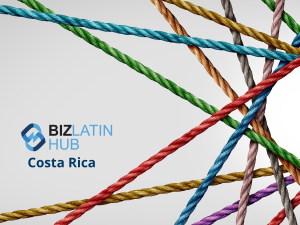 La imagen muestra varias cuerdas de colores entrelazadas sobre un fondo liso. El texto de la izquierda reza "Biz Latin Hub Costa Rica" acompañado del logotipo de la empresa, destacando su experiencia en la externalización de nóminas en Costa Rica.