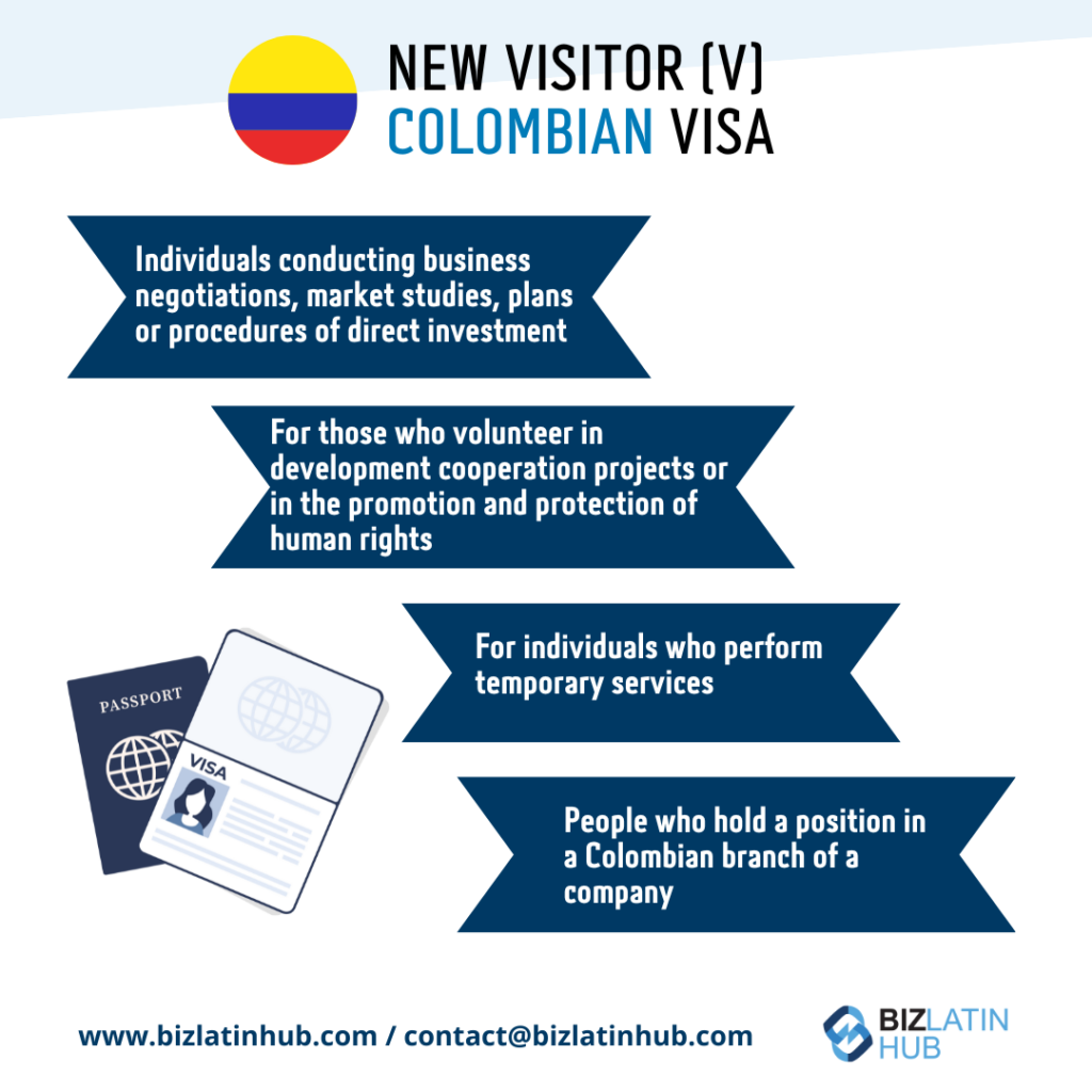 An infographic titled "New Visitor (V) Colombian Visa" with a Colombian flag. It outlines visa requirements for business negotiations, development cooperation, temporary services, and positions in Colombian branches. Contains a passport with a Colombian visa image and contact info for Biz Latin Hub.