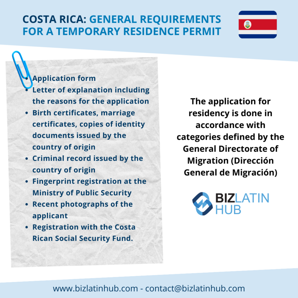 An informational graphic outlining the general requirements for a temporary Costa Rica residency permit. Requirements listed include various documents and records. The graphic is prominently marked with the Costa Rican flag and the Biz Latin Hub logo.