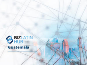 The image displays the "Biz Latin Hub Guatemala" logo on the left side, with "Guatemala" below it. The background features a cityscape interwoven with a network-like pattern, connecting various points like a digital web, reminiscent of mapping out aspectos como os tipos de visto na Colômbia.