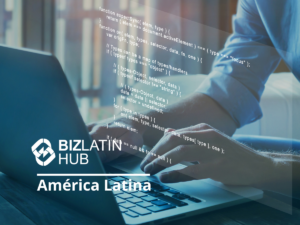 A person typing on a laptop keyboard with several lines of code displayed on the screen. The logo of BizLatin Hub and the text "América Latina" are prominently displayed on the left side of the image, showcasing talento tecnológico en américa latina.