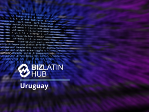 An image with a blurred background featuring blue and purple digital code. The BizLatin Hub logo is prominently displayed with text "BizLatin Hub" and "Uruguay" below it, highlighting their expertise in headhunters and IT recruitment in Uruguay. The logo consists of a circular design with interlocking elements.