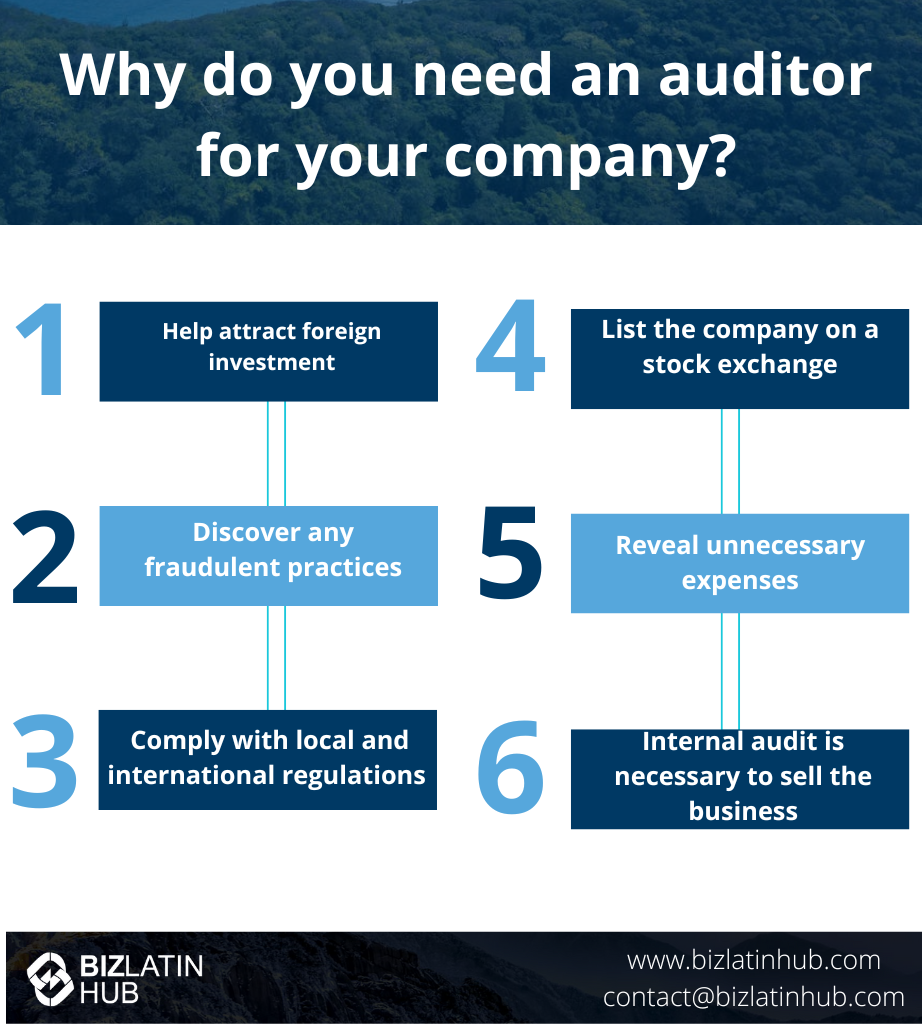 An infographic titled "Why do you need an auditor for your company?" lists six reasons: 1) Help attract outside investment, 2) List the business on a stock exchange, 3) Uncover any fraudulent/illegal practices, 4) Reveal any unnecessary expenses, 5) Comply with local/international regulations, and 6) Internal audit is needed to sell the business.