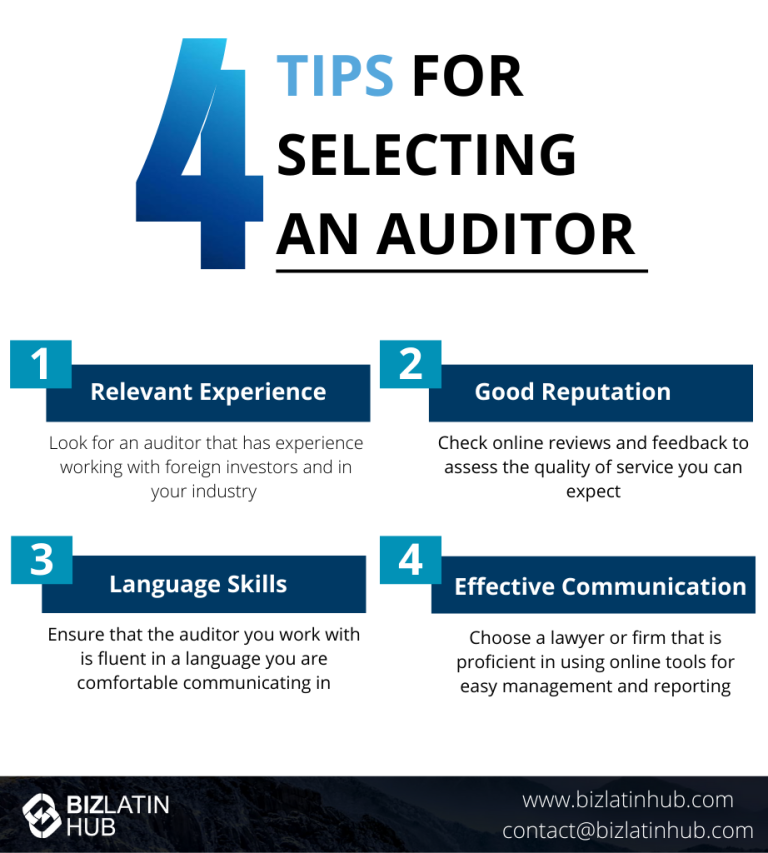 Infographic titled "Auditor in El Salvador" with 4 tips for selecting an auditor in El Salvador: Relevant experience, Good reputation, Language skills, and Effective communication. Includes Biz Latin Hub's contact information at the bottom.