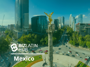 An aerial view of the Angel of Independence monument on a busy roundabout in Mexico City. The surrounding area features modern buildings and bustling traffic. The Biz Latin Hub logo and the words "Mexico" and "tipos de visto na Colômbia" are overlaid in white text on the left side of the image.