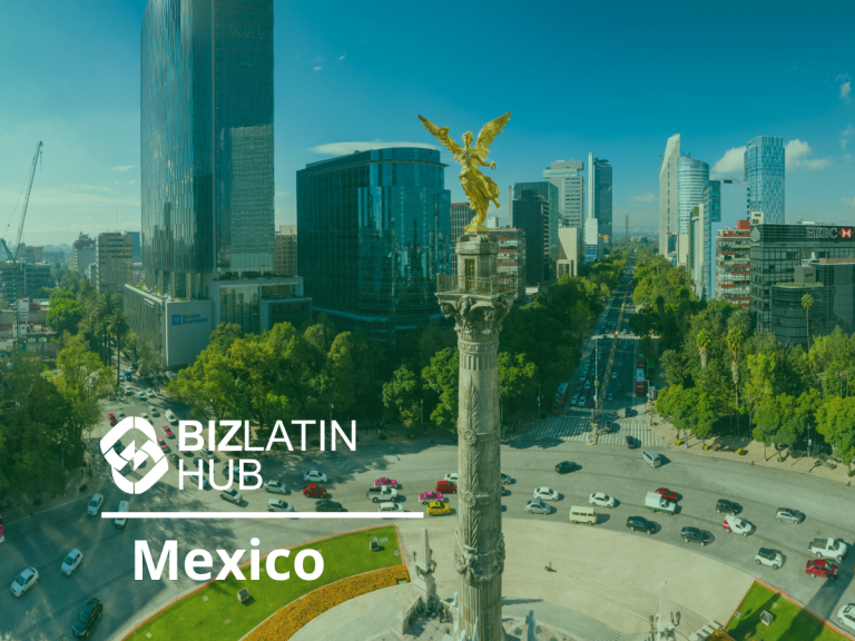 Una vista aérea del monumento del Ángel de la Independencia en la Ciudad de México, con un telón de fondo de rascacielos modernos. La imagen también presenta el texto "Biz Latin Hub México" en la esquina inferior izquierda, enfatizando nuestra experiencia como empresa contabilidad líder en México.