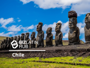 The image shows a row of Moai statues on Easter Island, Chile, under a blue sky with clouds. The Biz Latin Hub logo and the text "Chile Tax Treaty" are overlaid on the image. The statues are large, with detailed stone carvings and grassy terrain in the foreground.