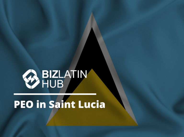 A waving flag of Saint Lucia with a blue field, a white and black triangle, and a yellow triangle. Overlaid text reads "BizLatin Hub" and "PEO em Santa Lúcia" in white.
