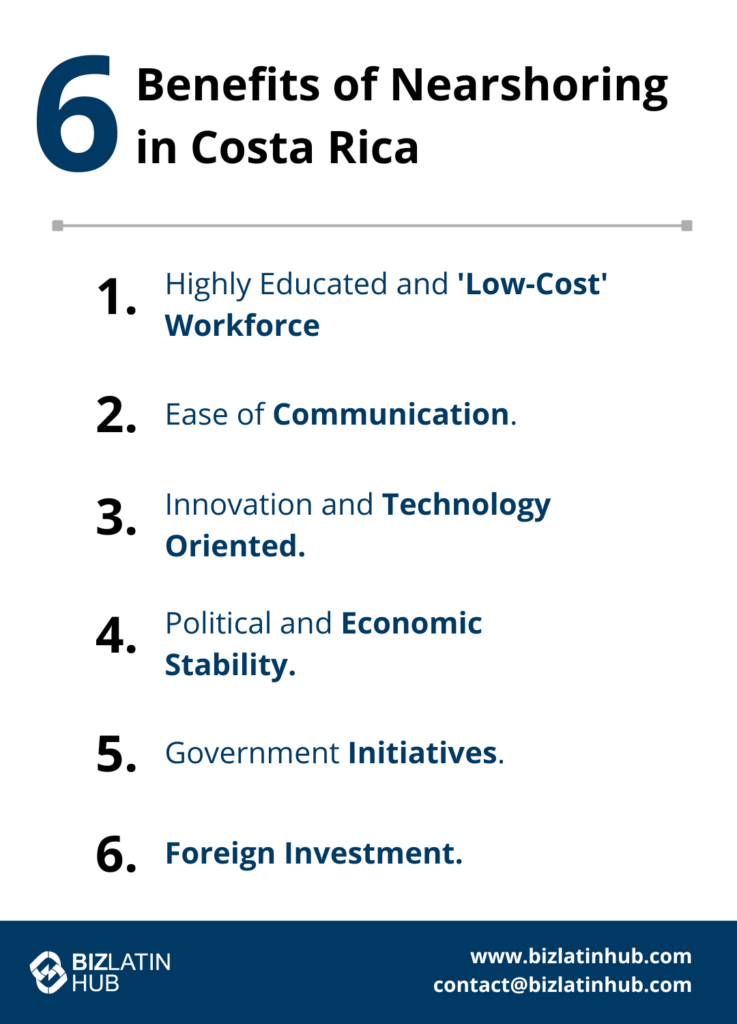 A poster highlights "6 Benefits of Nearshoring in Costa Rica" with points: 1. Highly Educated and 'Low-Cost' Workforce 2. Ease of Communication 3. Innovation and Technology Oriented 4. Political and Economic Stability 5. Government Initiatives 6. Foreign Investment, making the decision to nearshore in Costa Rica advantageous.
