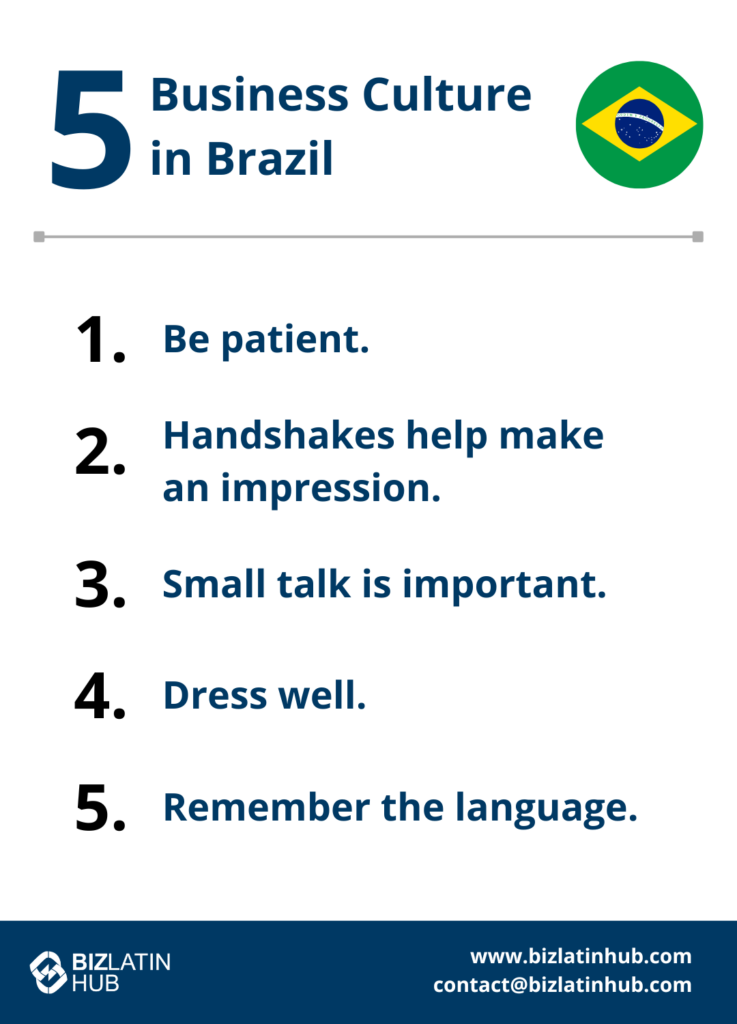 An infographic titled "5 Tips for Navigating Business Culture in Brazil" with a Brazilian flag icon. Listed tips: 1. Be patient. 2. Handshakes help make an impression. 3. Small talk is important. 4. Dress well. 5. Remember the language. BizLatin Hub's logo and contact info are at the bottom.

