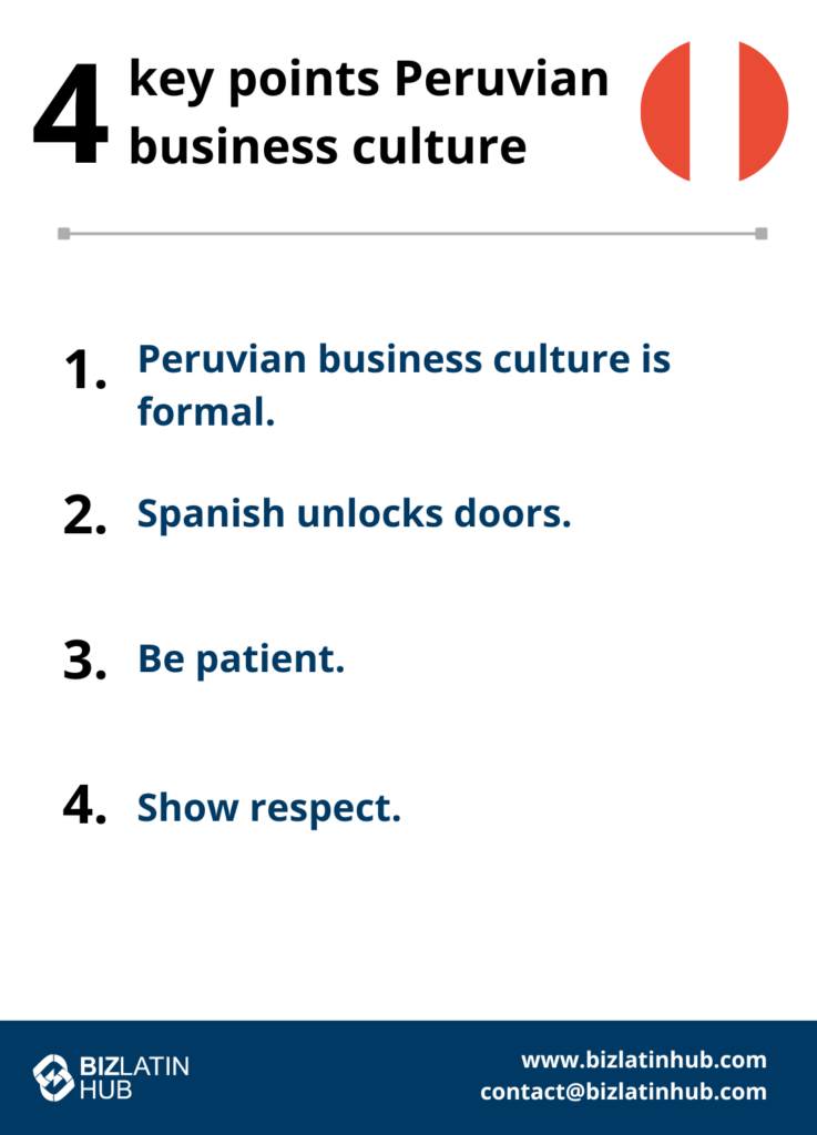 An infographic titled "4 Key Points on Peruvian Business Culture" outlines: 1) Peruvian business culture is formal, 2) Spanish unlocks doors, 3) Be patient, and 4) Show respect. The bottom features the BizLatinHub logo and contact details.