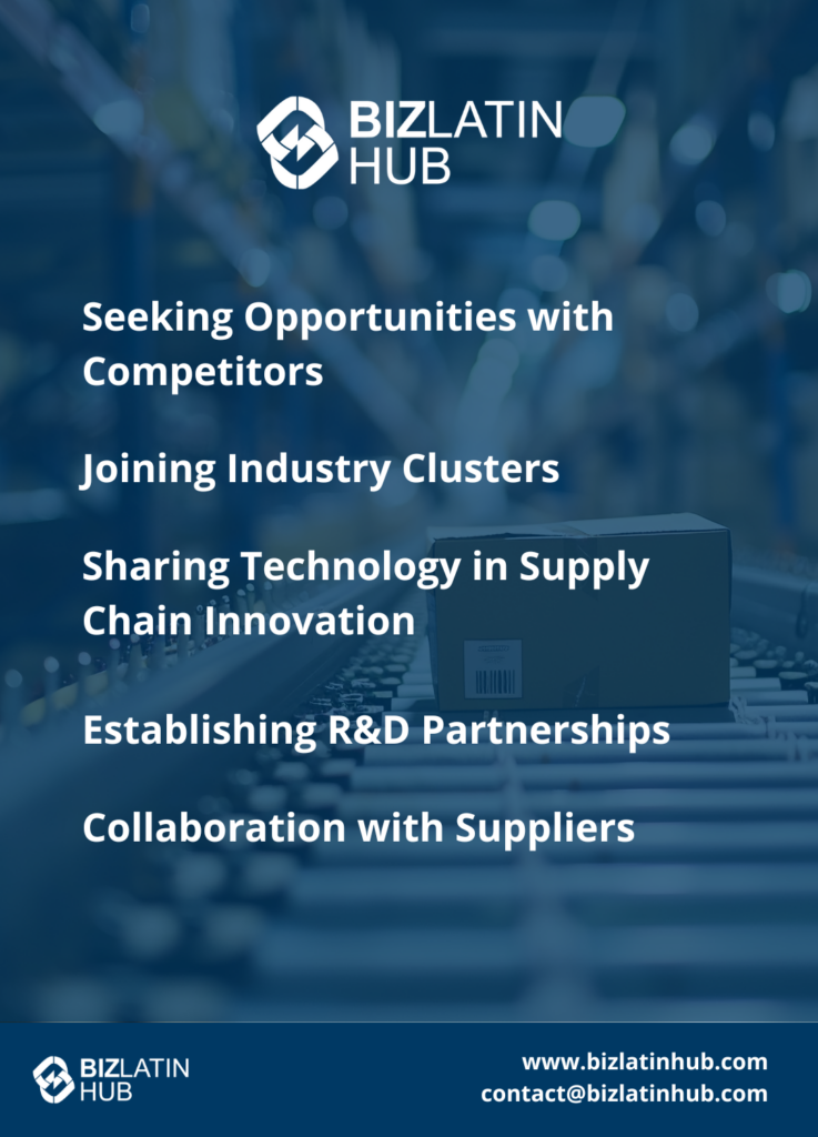 A promotional image from BizLatin Hub, featuring text on a blue blurred background with industrial imagery: "Seeking Opportunities with Competitors, Joining Industry Clusters, Sharing Technology in Supply Chain Innovation, Establishing R&D Partnerships, Collaboration with Suppliers." Includes contact details at the bottom.