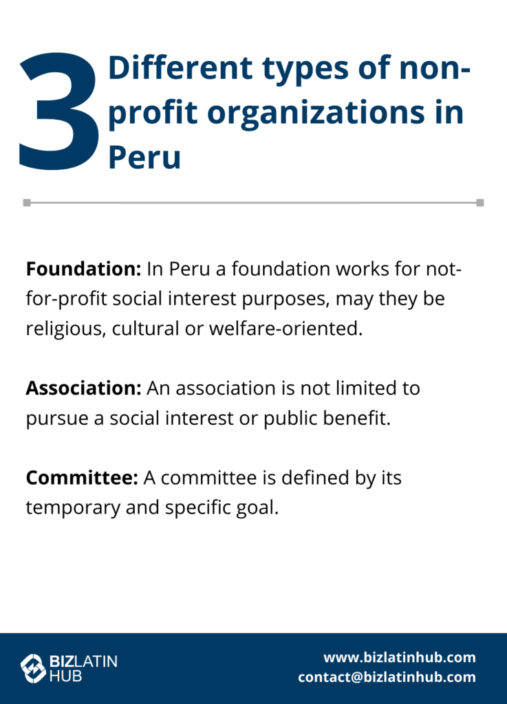 A graphic titled "3 Different Types of Non-Profit Organizations in Peru" lists the following: Foundation - for religious, cultural, or welfare purposes; Association - pursues social interest or public benefit; Committee - defined by a temporary and specific goal. Learn how to form an NGO in Peru. BizLatin Hub logo and contact information are at the bottom.