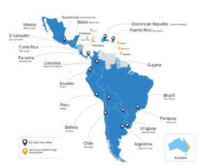 A map of Latin America and the Caribbean, alongside Australia, highlighting multiple locations. The map includes several marked points, representing project sites, notably in Jamaica, Guyana, Ecuador, Cayman Islands, and Antigua and Barbuda—showcasing initiatives driven by young business leaders.