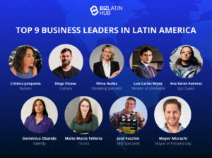 A collage titled "Top 9 Business Leaders in Latin America" features portraits of Cristina Junqueira, Diego Olcese, Vilma Nuñez, Luis Carlos Reyes, Ana Karen Ramírez, Doménica Obando, Maite Muniz Tellería, José Facchin, and Mayer Mizrachi. They are noted for various professional roles.