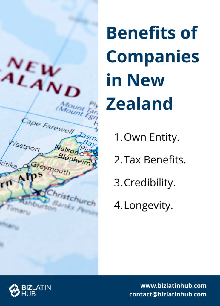 A map of New Zealand with text overlay on the right listing the benefits of companies in New Zealand: 1. Own Entity. 2. Tax Benefits. 3. Credibility. 4. Longevity, along with a brief mention of the pros and cons of different business structures in New Zealand. Biz Latin Hub logo and contact information are at the bottom.