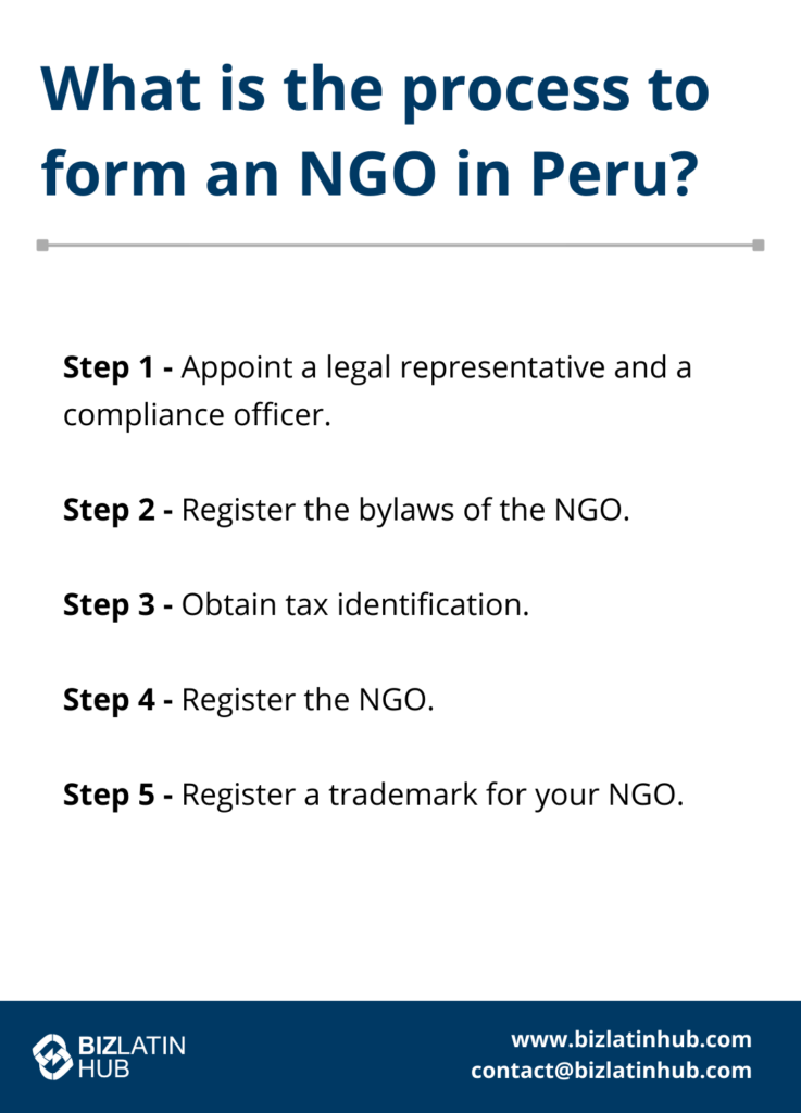A list outlines steps to form an NGO in Peru: appoint a legal representative and compliance officer; register the bylaws of the NGO; obtain tax identification; register the NGO; and secure a trademark. The image includes BizLatin Hub details.