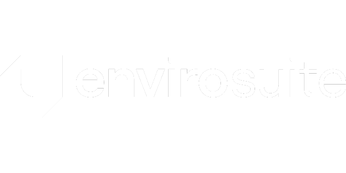 The image displays the Envirosuite logo, which features a stylized geometric shape followed by the word "envirosuite" in lowercase letters. The text and graphic are rendered in white against a transparent background.