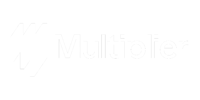 La imagen muestra el logo de Multiplier. El logo consiste en una forma geométrica blanca que se asemeja a zigzags o chevrones superpuestos, seguida de la palabra 