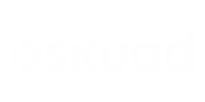 The image shows the logo for Skuad. The logo consists of the word "skuad" in lowercase, bold white letters on a transparent background. To the left of the word is a stylized four-leaf clover-like design made up of four white heart shapes.