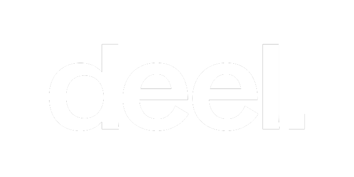 The image shows the word "deel" written in bold white lowercase letters against a transparent background with a period at the end.