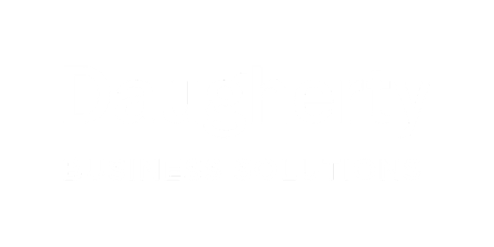 Logotipo da Daugherty Business Solutions. O texto está em branco, com "Daugherty" em letras maiores na primeira linha e "Business Solutions" em letras maiúsculas menores na segunda linha. O plano de fundo é transparente.  