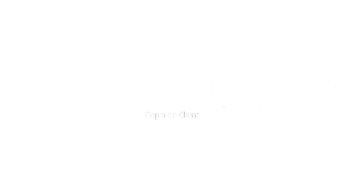 A imagem mostra o logotipo da Neutrino com o slogan "Delivering Excellence" abaixo dele. O logotipo consiste em uma letra "N" estilizada à esquerda da palavra "NEUTRINO" em letras maiúsculas. Todo o design está em branco em um fundo transparente.  