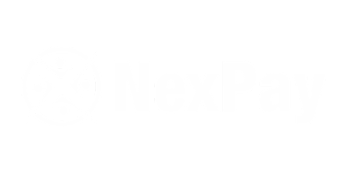 The image shows the NexPay logo. It includes the word "NexPay" in bold, white letters. To the left of the text is a circular icon with four abstract human figures connected by lines, creating an X shape in the center.