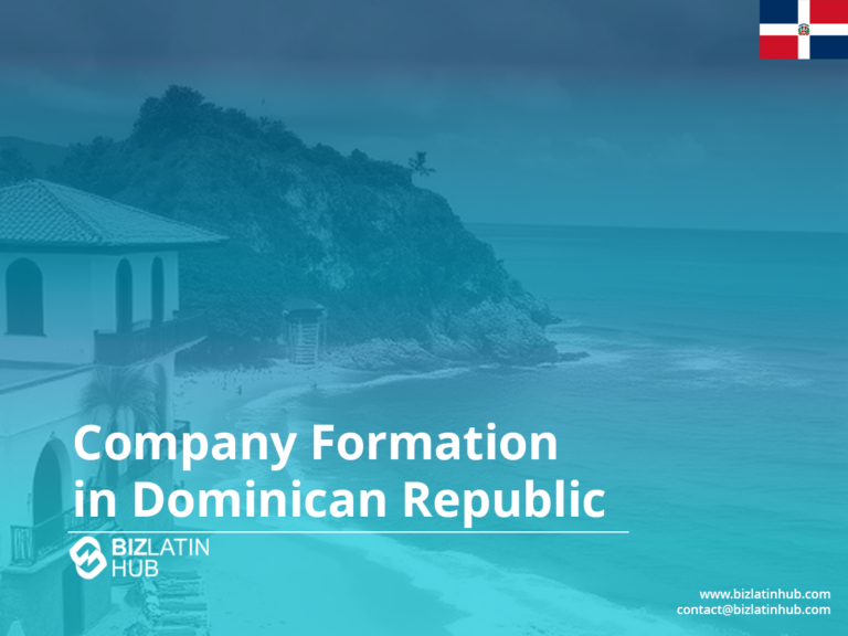 A coastal landscape with a beach and greenery in the Dominican Republic. The image has a blue overlay with a thin flag of the Dominican Republic in the top right corner. Text reads "Company Formation in Dominican Republic" and includes contact info.