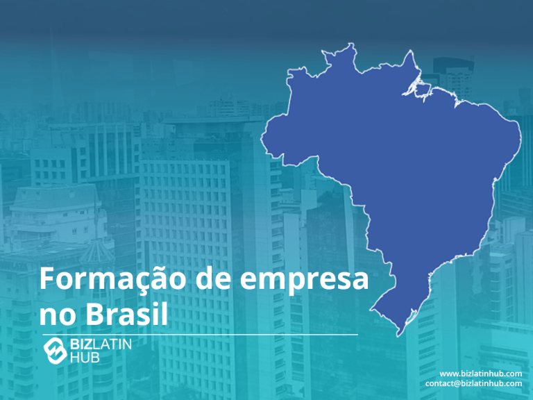 Illustration of the map of Brazil overlaid on a cityscape background. Text reads "Formação de empresa no Brasil" with Biz Latin Hub branding and contact information at the bottom.