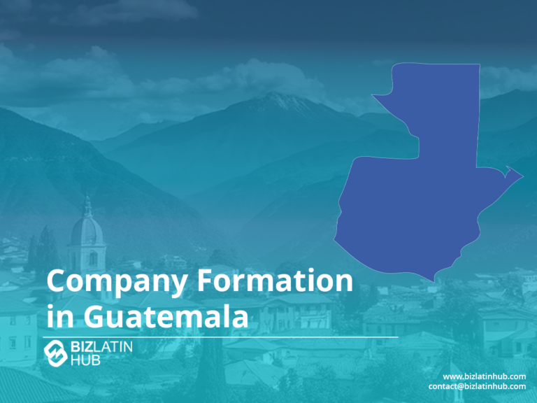 Contorno del mapa de Guatemala sobre fondo azul con el texto "Formación de empresas en Guatemala". La imagen incluye un paisaje urbano con montañas al fondo. Los logotipos y la información de contacto de Biz Latin Hub son visibles en las esquinas inferiores.