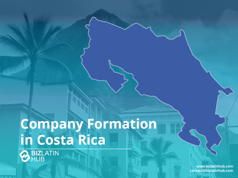 A promotional image for BizLatin Hub featuring a map outline of Costa Rica on a turquoise background. Palm trees and a building are visible in the background. Text reads: "Company Formation in Costa Rica" with the BizLatin Hub logo and contact information.