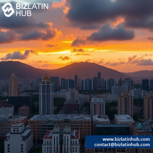 Vista de una puesta de sol sobre un paisaje urbano, con varios edificios altos y montañas al fondo. El cielo está lleno de vibrantes tonos naranjas y morados. El logotipo de BizLatin Hub y la información de contacto aparecen en las esquinas.  