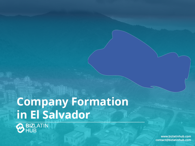 Gráfico promocional para Biz Latin Hub con el texto "Formación de empresas en El Salvador". El fondo muestra un paisaje urbano borroso con montañas y una silueta azul del país. El sitio web y la información de contacto se incluyen en la parte inferior.