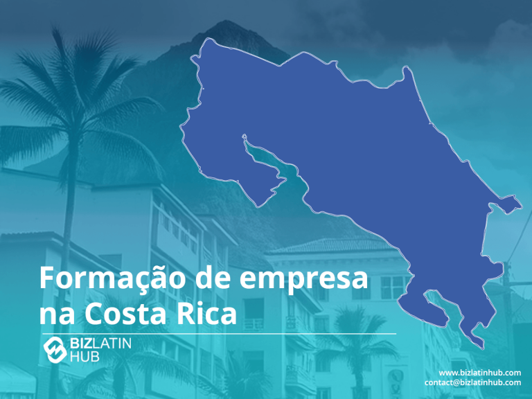 A digital graphic featuring a blue outline map of Costa Rica overlaid on a background of palm trees and buildings. Text reads "Formação de empresa na Costa Rica" with the BizLatin Hub logo and website contact information.