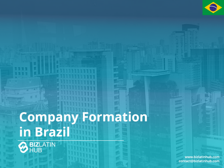 Una imagen con el texto "Formación de empresas en Brasil" sobre un paisaje urbano teñido de azul de edificios altos. El logotipo de Biz Latin Hub es visible, junto con la información de contacto y una pequeña bandera brasileña en la esquina superior derecha.