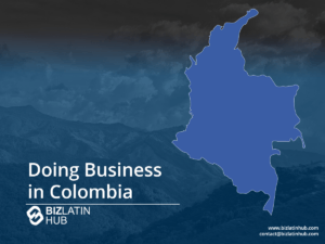 An infographic titled "Doing Business in Colombia" features a blue silhouette map of Colombia on the right and the text "Doing Business in Colombia" alongside the BizLatin Hub logo on the left. Background shows a mountain landscape. Contact info is at the bottom.