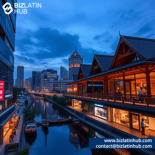 A modern urban canal scene at dusk with skyscrapers and traditional buildings reflected in the water. The sky is a deep blue. The BizLatin Hub logo and contact information are displayed in the top left and bottom right corners.