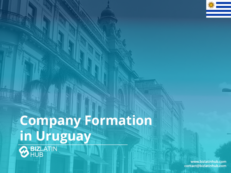 Uma imagem promocional para o Biz Latin Hub sobre a formação de empresas no Uruguai. O plano de fundo apresenta uma rua urbana com prédios históricos e palmeiras, sobrepostos com uma tonalidade azul. A bandeira do Uruguai está no canto superior direito.