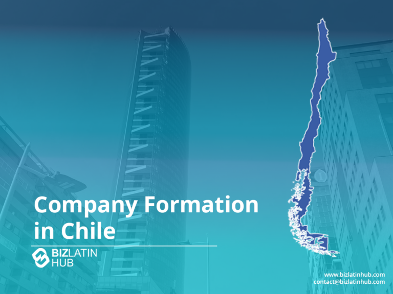 Graphic for company formation in Chile featuring a city skyline with tall buildings. The text includes "BizLatin Hub" and contact information. The map of Chile is highlighted on the right.