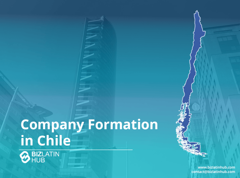 Imagen que muestra un gráfico promocional para BizLatin Hub sobre la formación de empresas en Chile. Presenta un paisaje urbano con un edificio alto y un mapa estilizado de Chile sobre un fondo en tonos azules. En la parte inferior aparece la información de contacto.