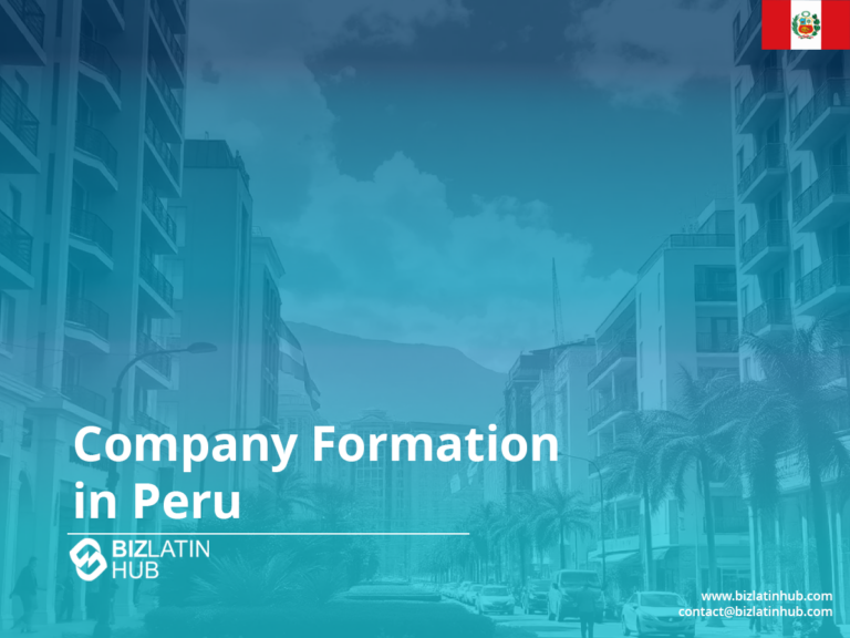 Una imagen promocional para Biz Latin Hub sobre la creación de empresas en Perú. El fondo muestra una calle bordeada de edificios modernos y palmeras. El texto incluye la página web y el correo electrónico de contacto de la empresa, con la bandera peruana en la esquina superior derecha.