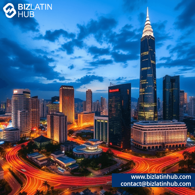 Cityscape at dusk featuring illuminated skyscrapers and winding roads. The sky is partly cloudy, creating a dramatic backdrop. The scene includes the Biz Latin Hub logo and contact details in the corners.