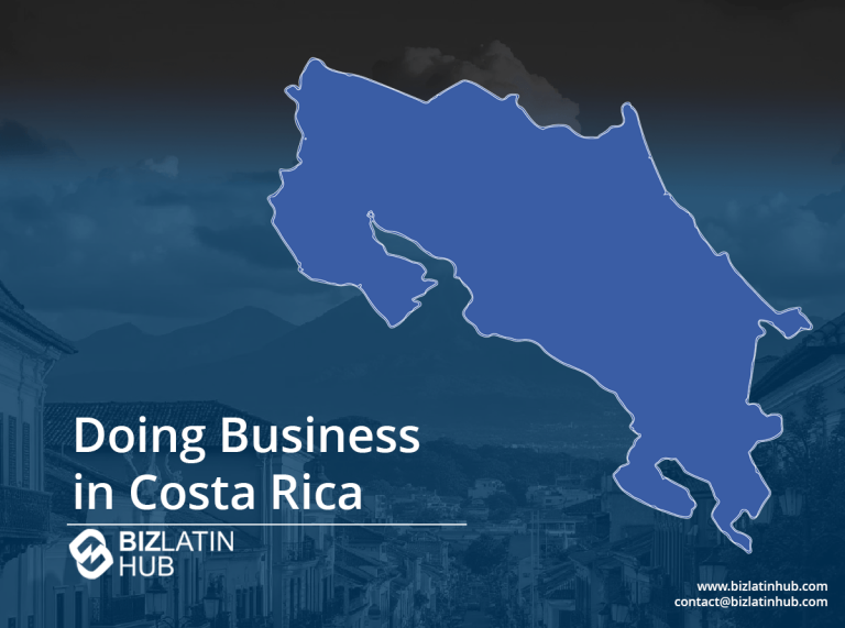 A promotional graphic with a blue silhouette of Costa Rica against a darkened background of mountains and rooftops. Text reads "Doing Business in Costa Rica" with the Biz Latin Hub logo. Contact information is provided at the bottom.