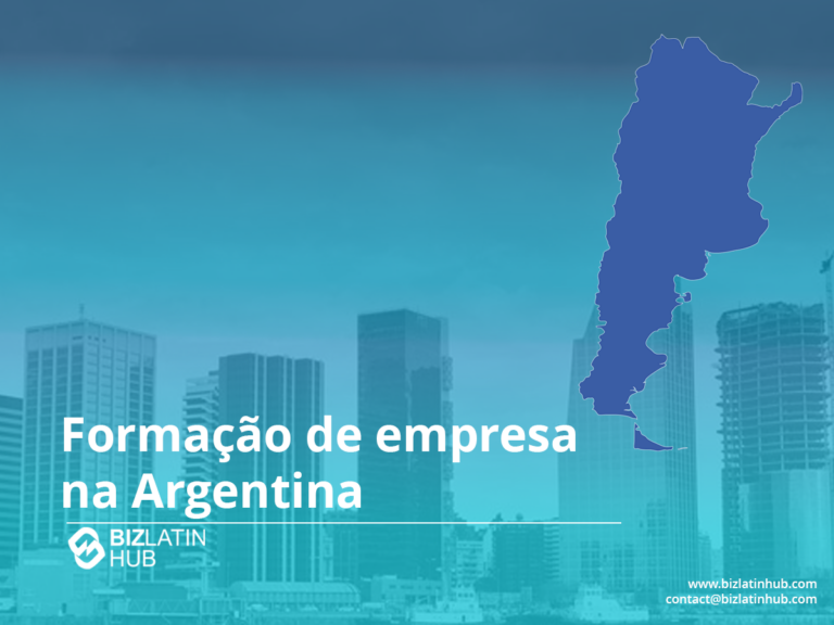 Map outline of Argentina on a gradient blue background with city buildings at the bottom. Text reads "Formação de empresa na Argentina" alongside the BizLatin Hub logo. Contact details are in the bottom right corner.