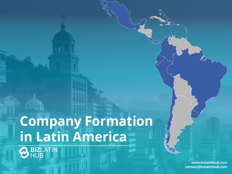 Mapa destacando os países da América Latina ao lado do texto "Company Formation in Latin America" (Formação de empresas na América Latina) com o logotipo do Biz Latin Hub. Os detalhes de contato estão no canto inferior direito. O fundo mostra uma silhueta de edifícios urbanos.