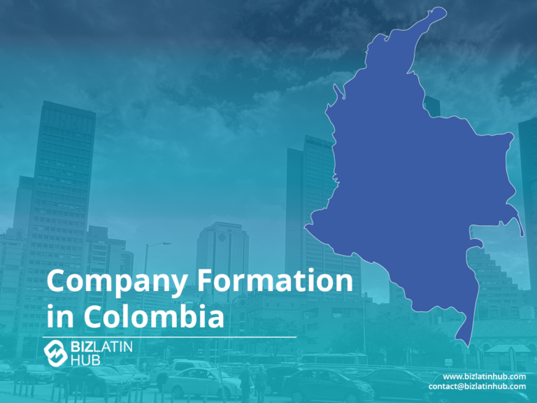 Uma imagem promocional do Biz Latin Hub. Ela apresenta uma paisagem urbana com prédios altos, um contorno proeminente da Colômbia em azul à direita e um texto informando "Company Formation in Colombia" (Formação de empresa na Colômbia). Os detalhes de contato são fornecidos na parte inferior.