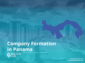 The image features a graphic of Panama's map overlaid on a cityscape. The text reads, "Company Formation in Panama" with the Biz Latin Hub logo. Contact information is visible at the bottom right. The background shows high-rise buildings and waterfront.