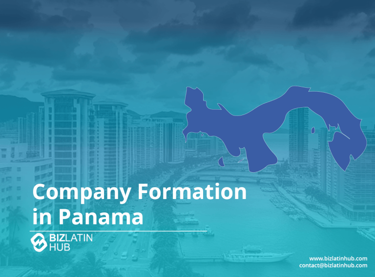 The image features a graphic of Panama's map overlaid on a cityscape. The text reads, "Company Formation in Panama" with the Biz Latin Hub logo. Contact information is visible at the bottom right. The background shows high-rise buildings and waterfront.